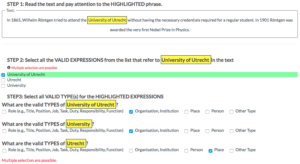 Fig.2: CrowdTruth Workflow for Identifying Valid Named Entity Expressions and their Type.
